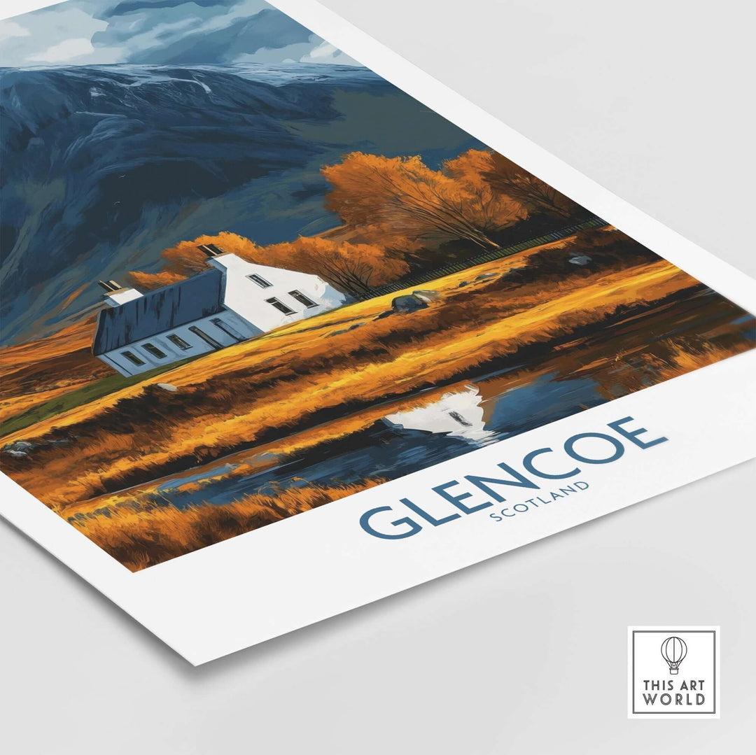 Glencoe Scotland print featuring a serene landscape with a cottage, showcasing the beauty of the Highlands in vibrant colors.