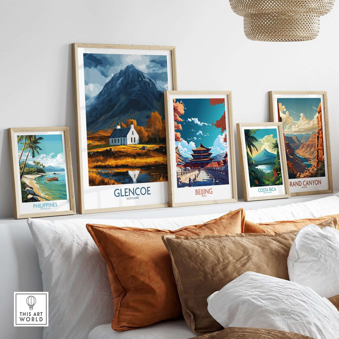 Glencoe Scotland print displayed among other travel prints in a stylish living room setting.