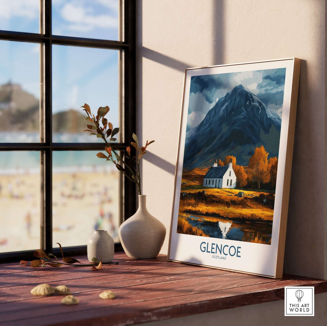 Glencoe Scotland print displayed in a bright room, showcasing the stunning Highlands landscape with a mountain and serene scenery.