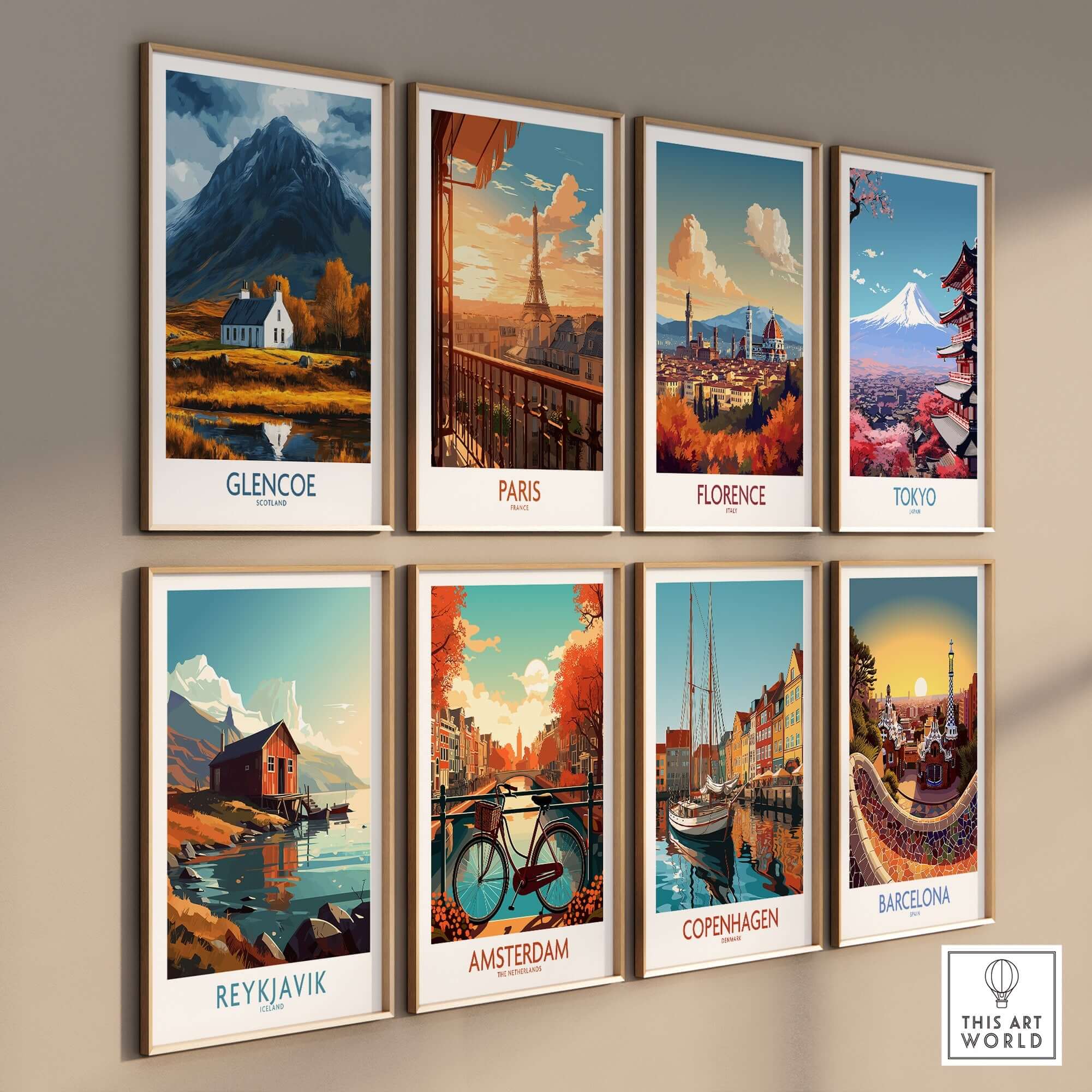 Glencoe Scotland Print featured among iconic city prints on a wall, showcasing stunning landscapes and vibrant colors.