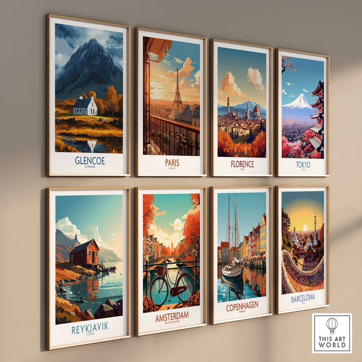 Collection of travel prints showcasing iconic landscapes: Glencoe, Paris, Florence, Tokyo, Reykjavik, Amsterdam, Copenhagen, Barcelona.