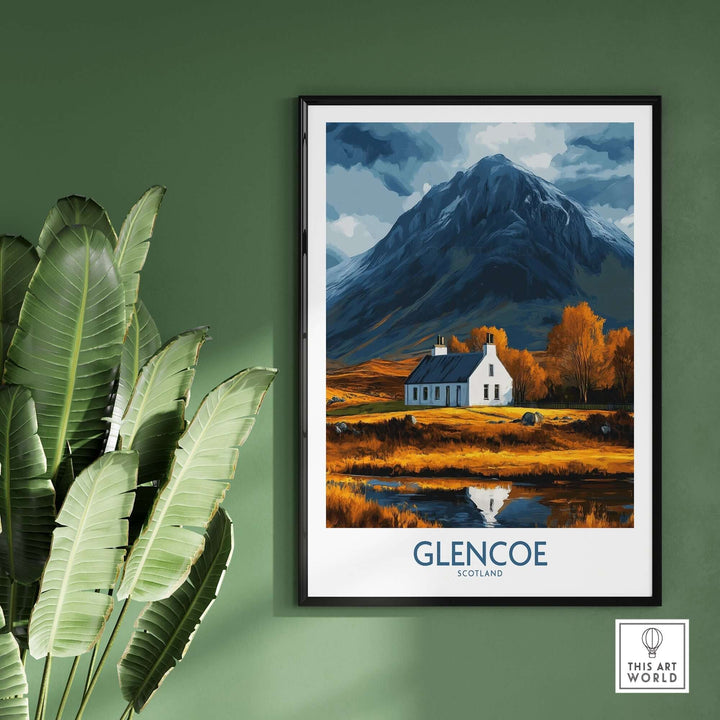 Glencoe Scotland print showcasing a picturesque landscape with a mountain and a cottage, perfect for home decor.