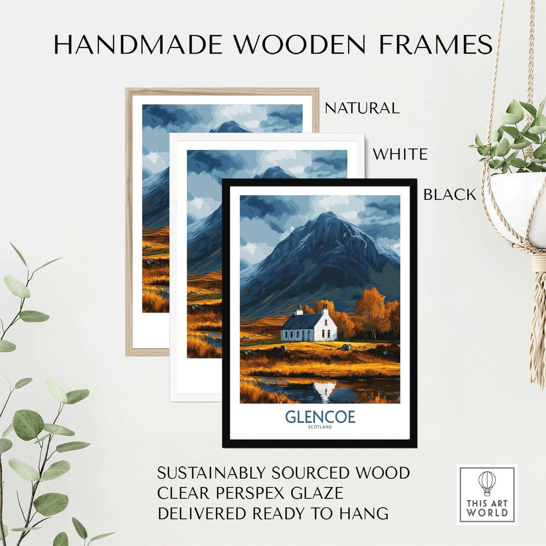 Handmade wooden frames in natural, white, and black showcasing a Glencoe Scotland print, ready to hang.