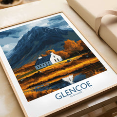 Glencoe Scotland Print featuring a picturesque landscape of Glencoe in the Scottish Highlands.