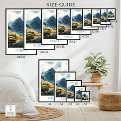 Glencoe Travel Poster size guide showcasing various poster sizes and stunning landscapes of Glencoe in vibrant colors.