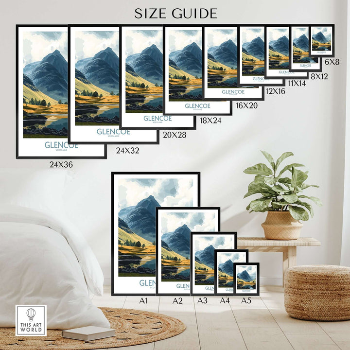 Size guide for Glencoe travel poster showcasing various dimensions in a stylish living area.