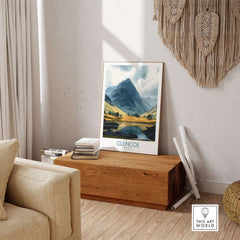 Glencoe Travel Poster displayed in a cozy living room, showcasing stunning landscapes and vibrant colors of Glencoe.