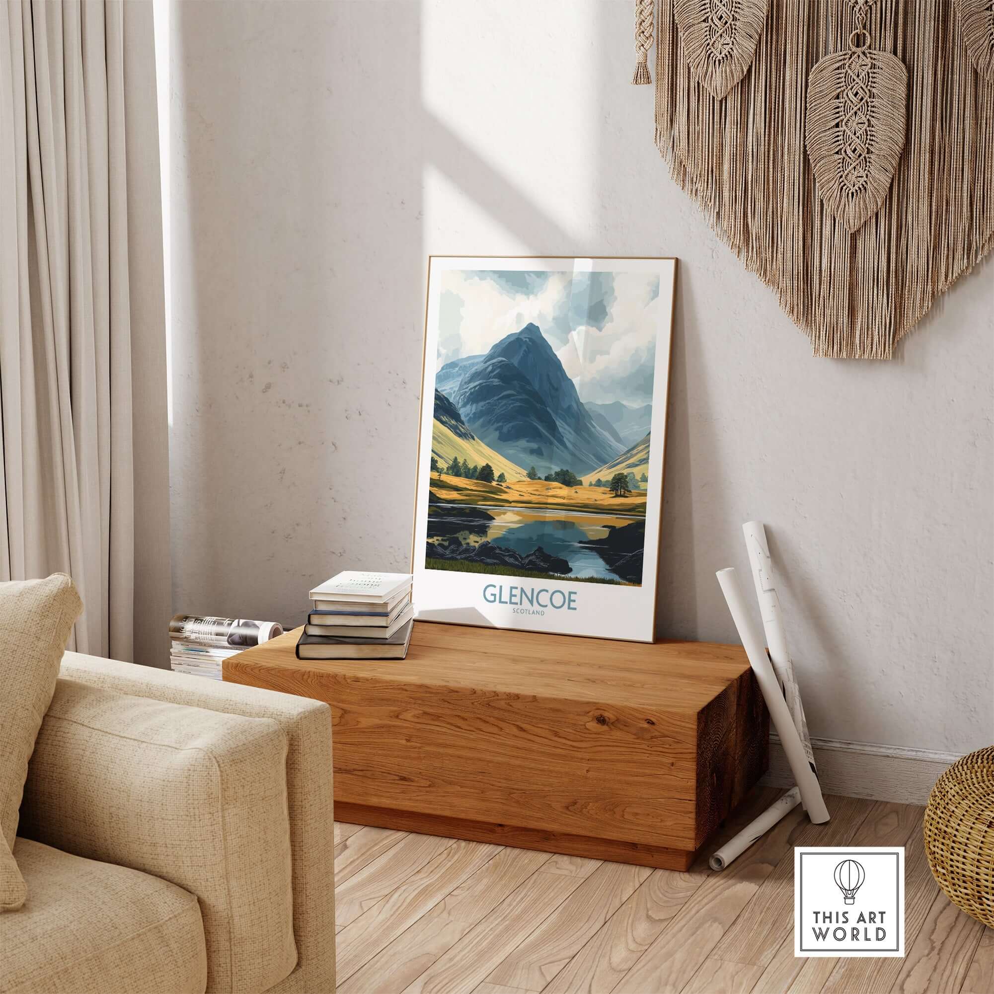 Glencoe Travel Poster displayed in a cozy living room, showcasing stunning landscapes and vibrant colors of Glencoe.