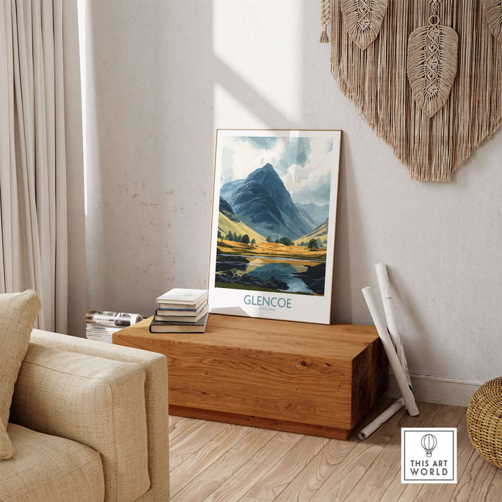 Glencoe travel poster displayed in a cozy living room, showcasing stunning landscapes and vibrant colors.