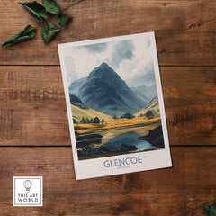 Glencoe Travel Poster showcasing stunning landscapes of Glencoe, Scotland with vibrant colors and majestic mountains.