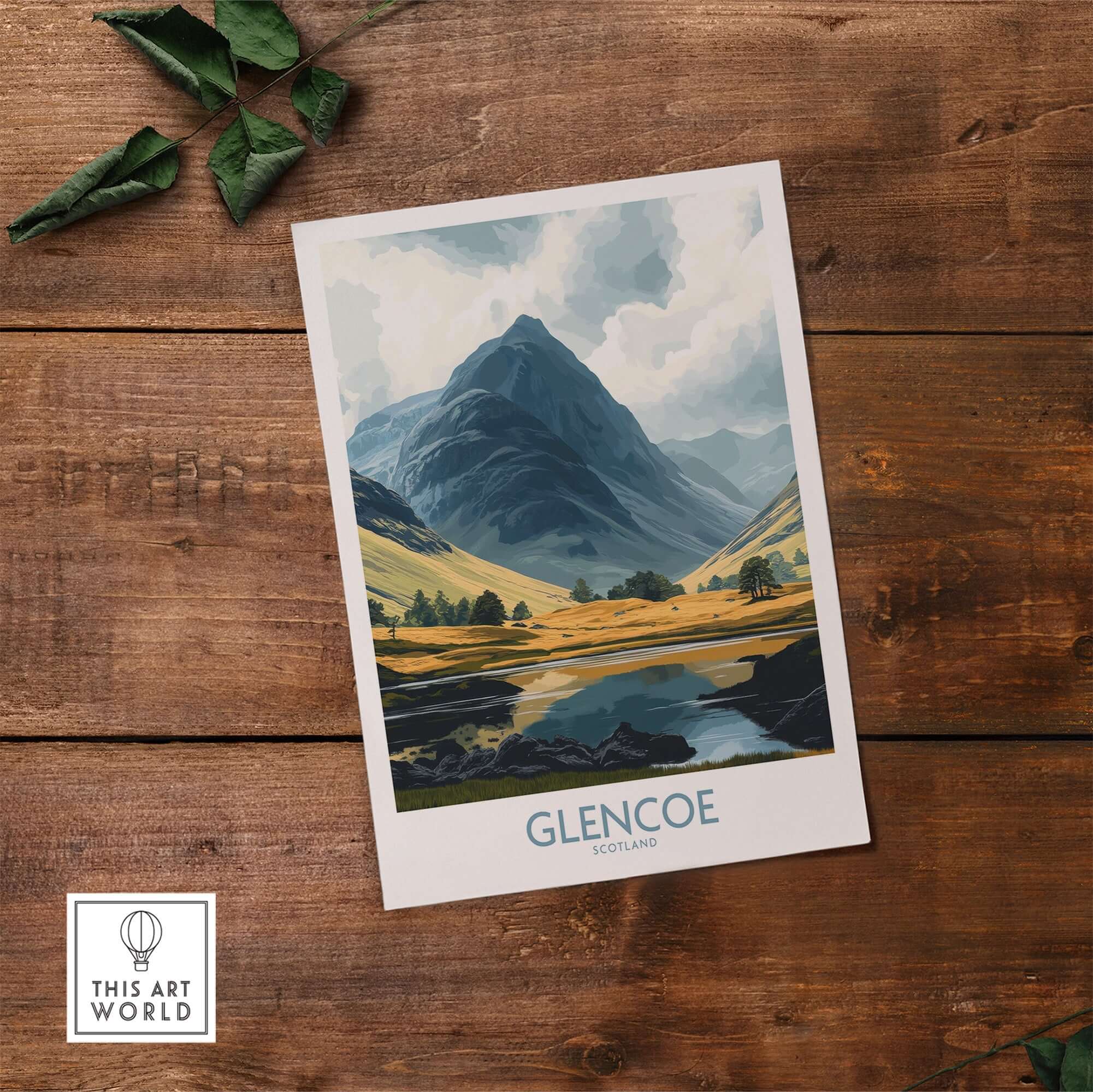 Glencoe Travel Poster showcasing stunning landscapes of Glencoe, Scotland with vibrant colors and majestic mountains.