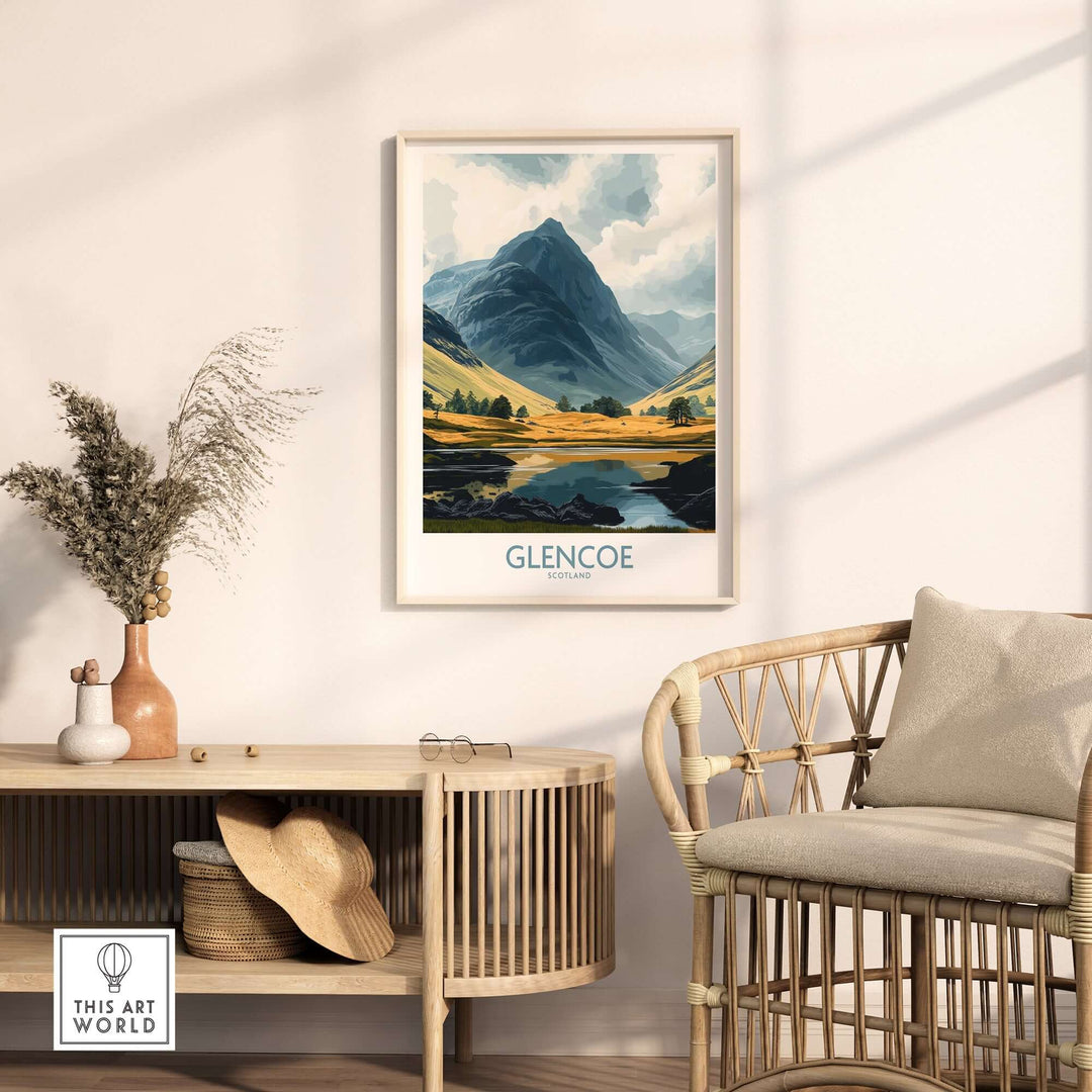 Glencoe travel poster showcasing dramatic mountains and vibrant landscapes in a stylish interior setting.