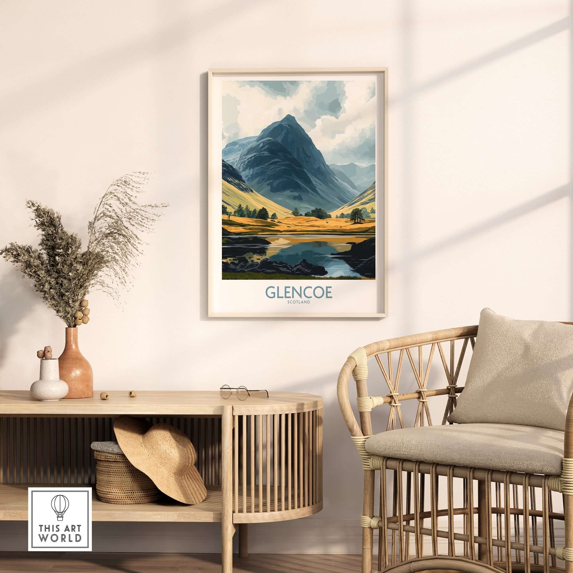 Glencoe Travel Poster showcasing stunning landscapes and vibrant colors in a cozy home setting.