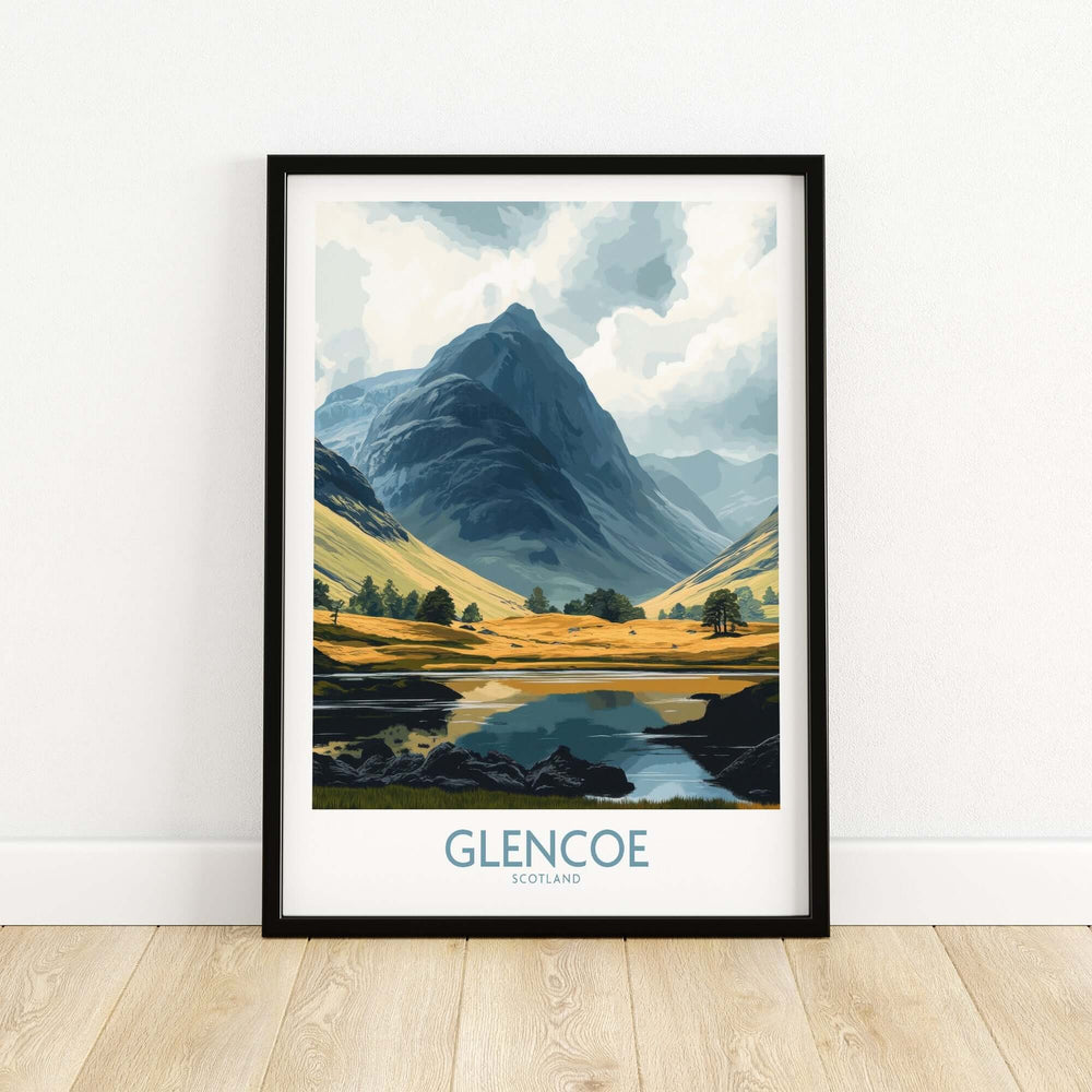 Glencoe travel poster featuring majestic mountains and scenic valleys of Scotland in vibrant colors.