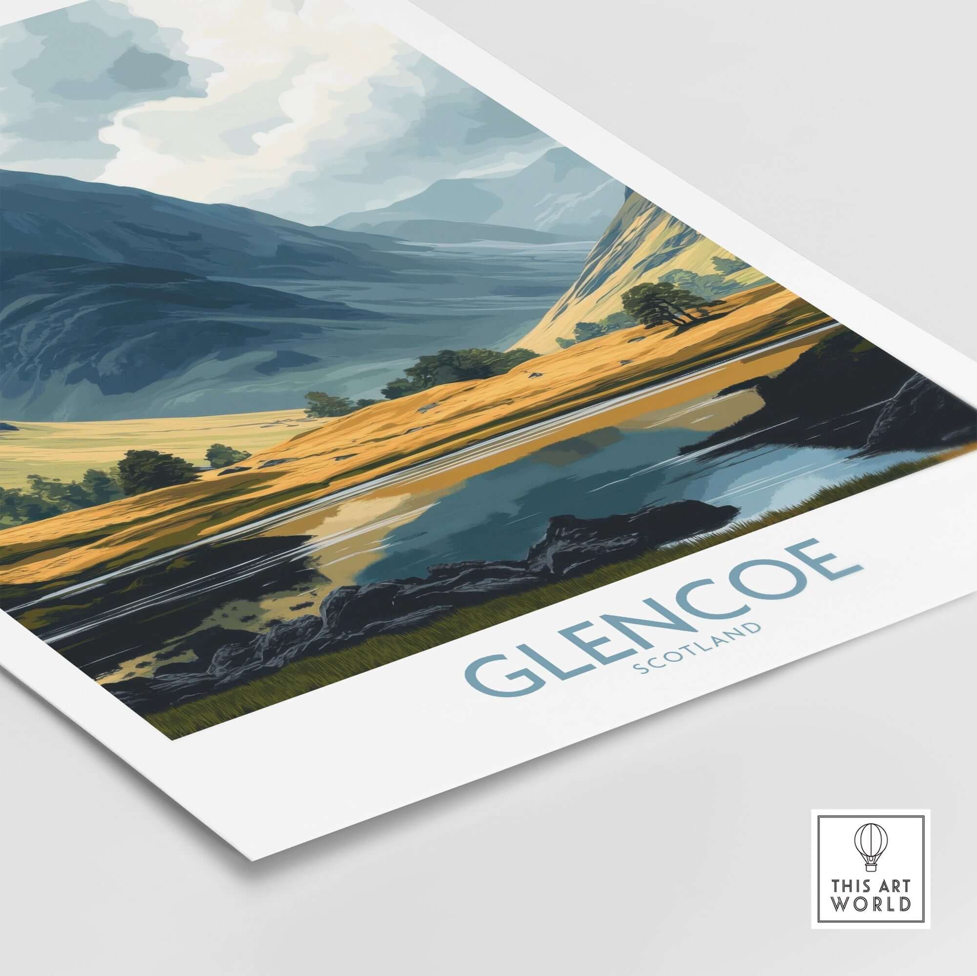 Glencoe Travel Poster showcasing stunning Scottish landscapes with mountains and vibrant colors.