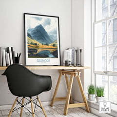 Glencoe Travel Poster displayed in a modern home office, showcasing Scottish landscapes and vibrant colors.