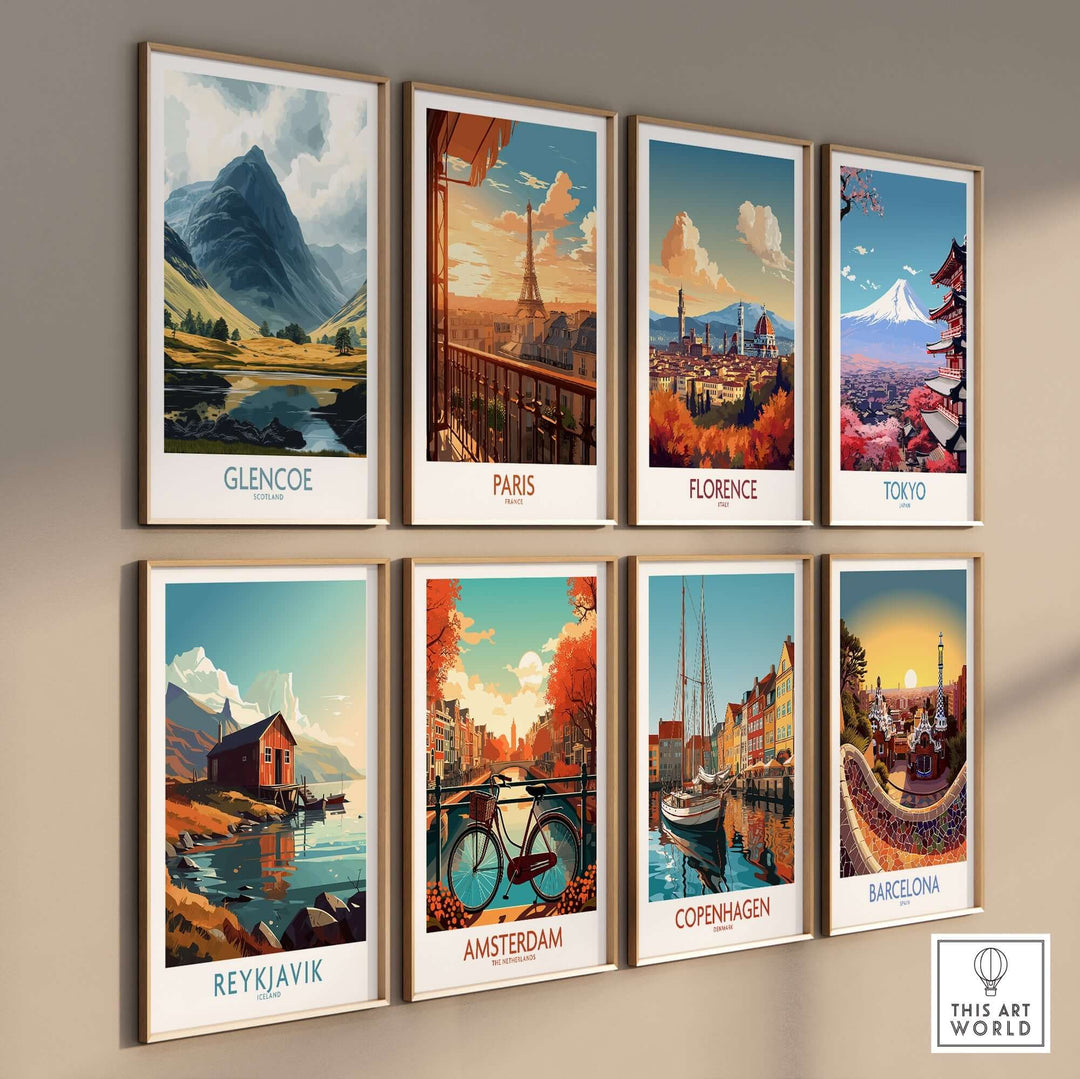 Collection of travel posters including Glencoe, Paris, Florence, Tokyo, Reykjavik, Amsterdam, Copenhagen, and Barcelona.