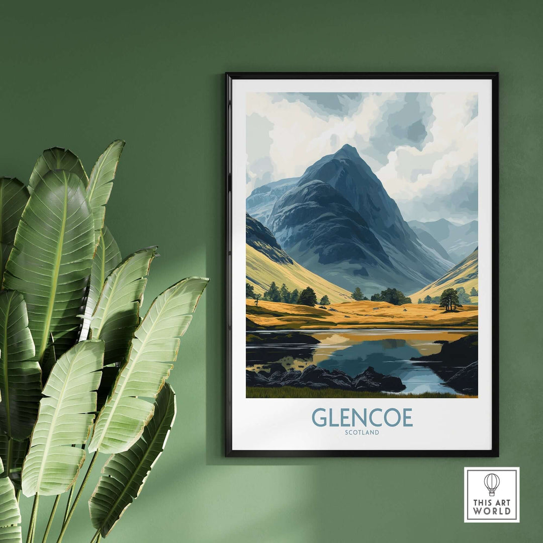 Glencoe travel poster showcasing stunning Scottish landscapes with mountains and valleys, framed on a green wall.