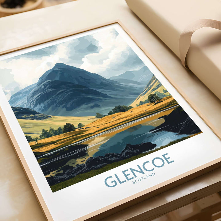 Glencoe travel poster showcasing stunning landscapes of Scotland with mountains and reflective waters in vibrant colors.