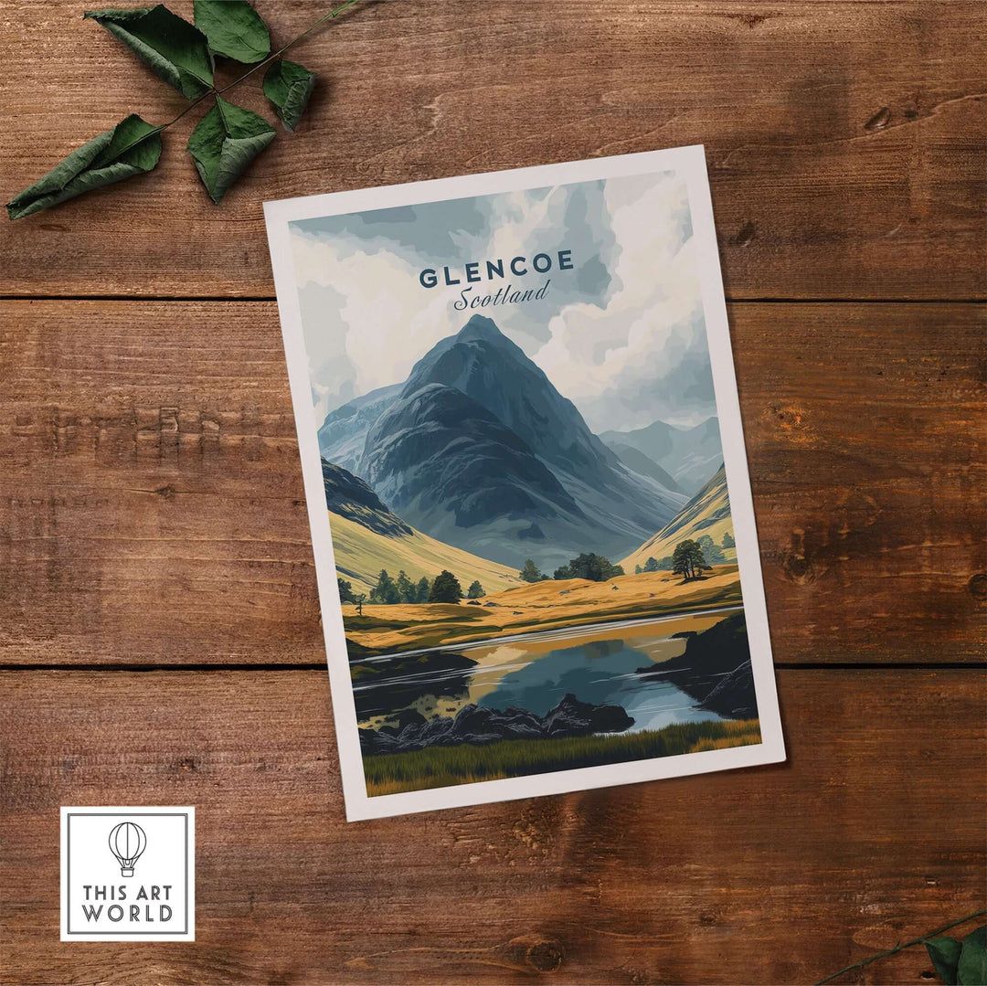 Glencoe Travel Print showcasing Scotland's stunning landscapes and mountains, perfect for home decor and wanderlust inspiration.