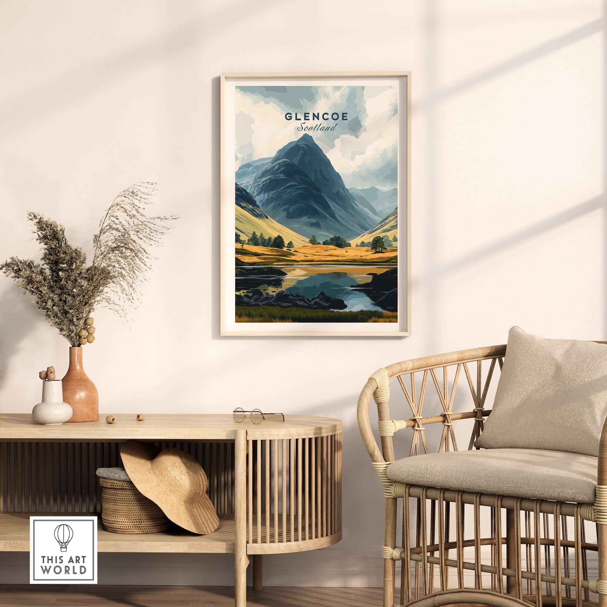 Glencoe Travel Print featuring the stunning landscapes of Scotland displayed in a modern living room setting.