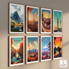 Glencoe Travel Print and other city travel prints displayed on a gallery wall showcasing stunning landscapes.