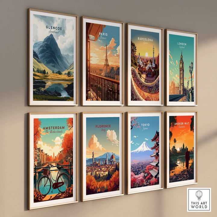 Collection of travel prints featuring Glencoe, Paris, Barcelona, London, Amsterdam, Florence, Tokyo, and Angkor Wat.