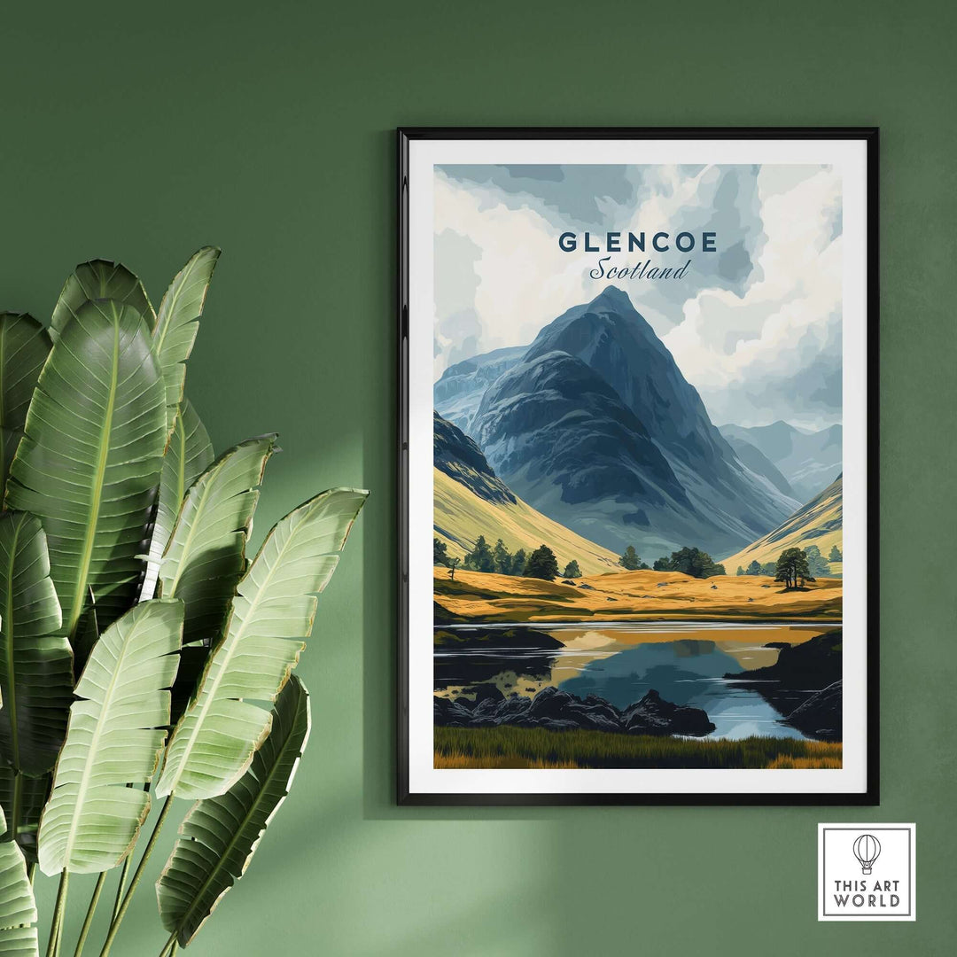 Glencoe Travel Print showcasing Scotland's stunning landscapes, framed and displayed against a green wall.