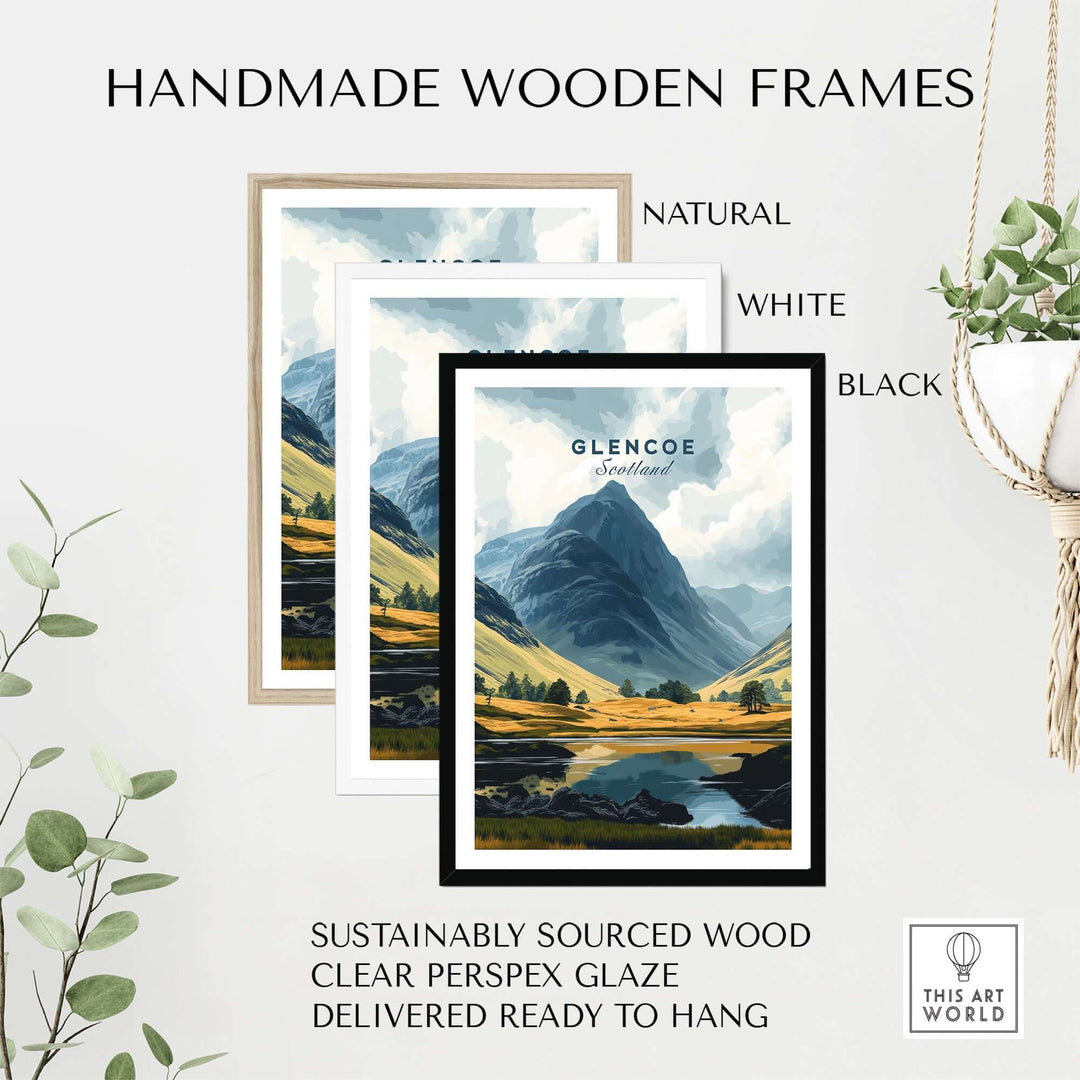 Handmade wooden frames in natural, white, and black for Glencoe Travel Print, sustainably sourced and ready to hang.