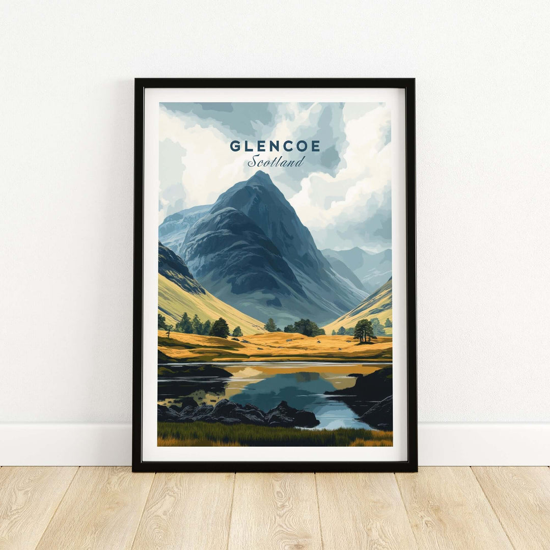 Glencoe Travel Print showcasing the stunning landscapes of Scotland, framed and ready to enhance any room's decor.