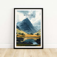 Glencoe Travel Print showcasing the stunning landscapes of Glencoe, Scotland, framed and ready to adorn any space.