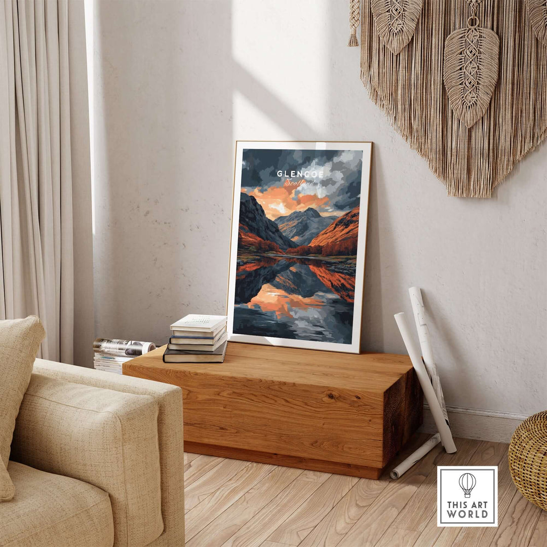 Glencoe wall art showcasing Scottish Highlands landscape, enhancing natural beauty in a stylish living room setting.