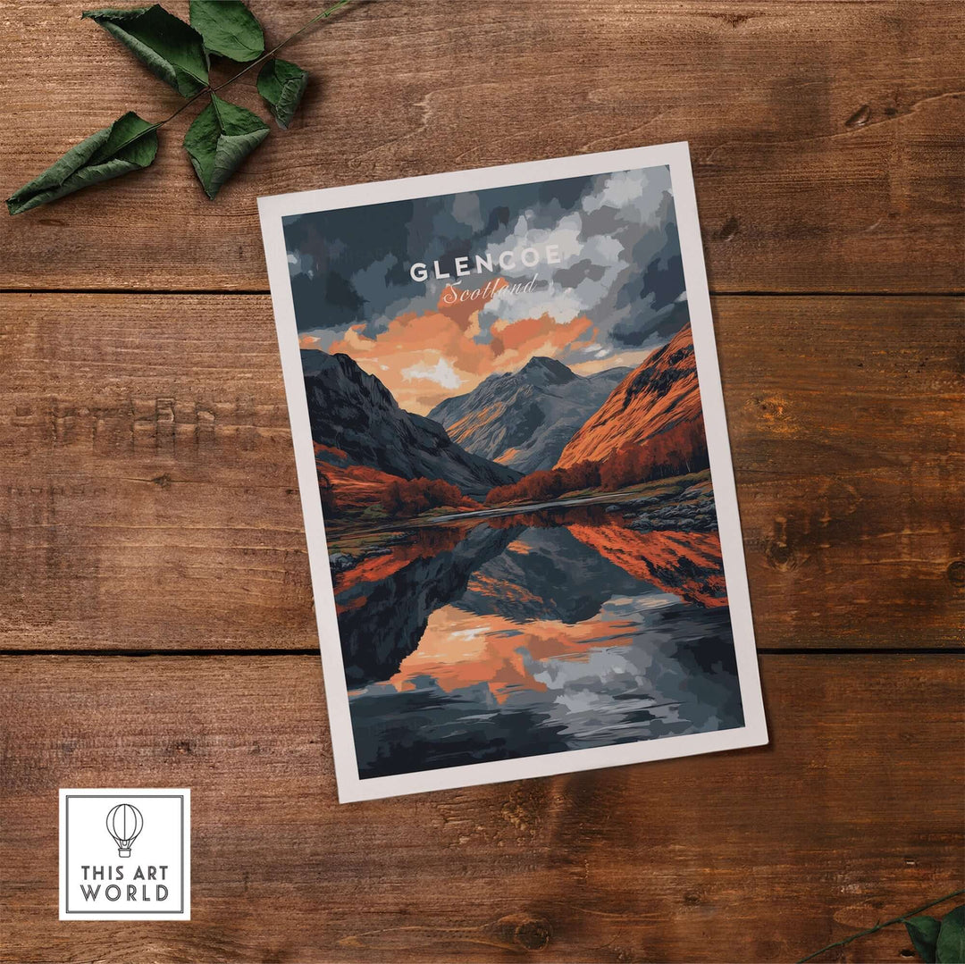 Glencoe wall art print showcasing the stunning Scottish Highlands landscape reflecting in calm waters.