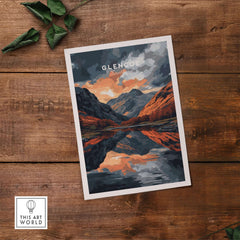 Glencoe Wall Art showcasing a stunning landscape of the Scottish Highlands with mountains and reflections in water.