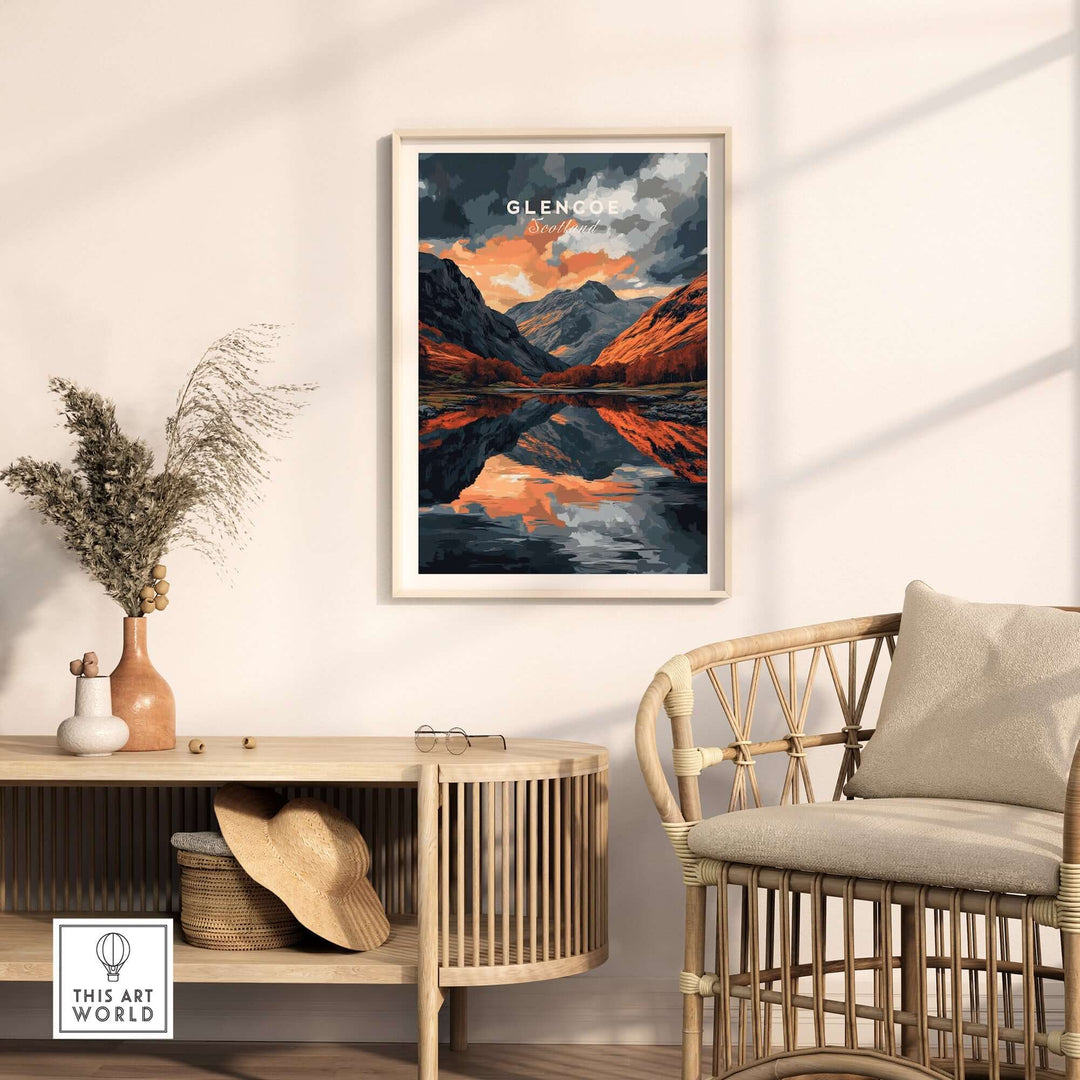 Glencoe wall art showcasing the Scottish Highlands, framed and displayed in a modern interior setting.