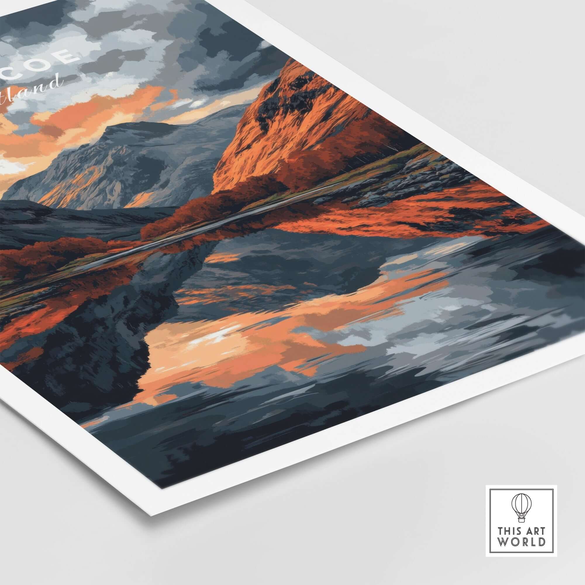 Glencoe Wall Art depicting the stunning landscape of the Scottish Highlands with beautiful reflections.