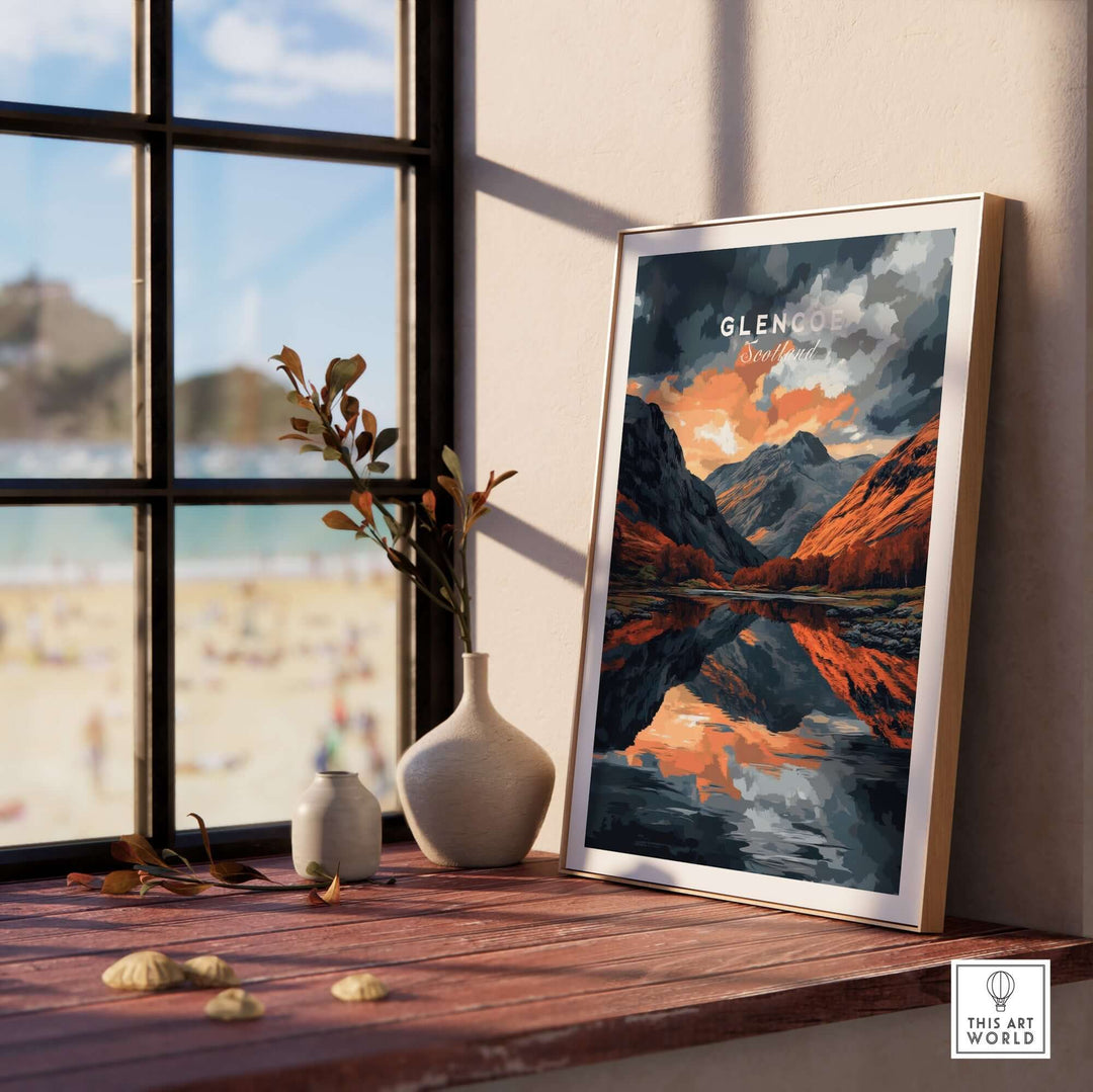 Glencoe Wall Art showcasing a stunning reflection of the Scottish Highlands in a stylish home setting by a window.