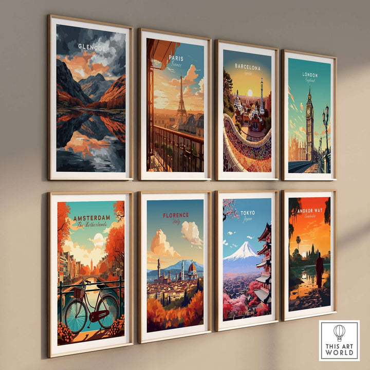 Collage of travel-themed wall art featuring Glencoe, Paris, Barcelona, London, Amsterdam, Florence, Tokyo, and Angkor Wat.