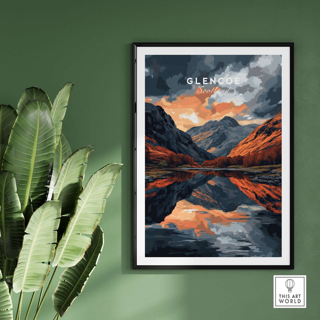 Glencoe wall art featuring a stunning landscape of the Scottish Highlands with vibrant colors and reflections in a stylish frame.