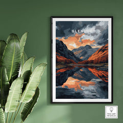 Glencoe Wall Art featuring a stunning Scottish landscape with mountains and reflections in water.