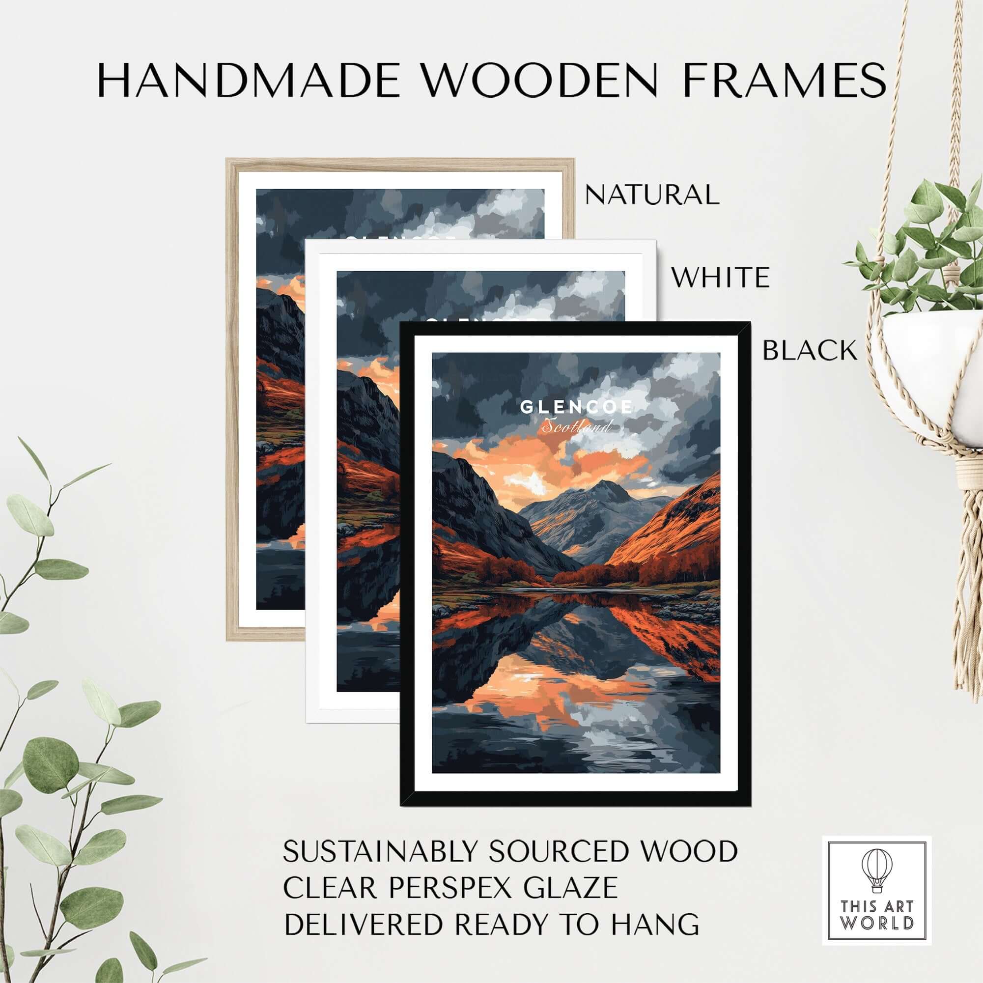 Glencoe Wall Art displayed in three handmade wooden frames: natural, white, and black, ready to hang.