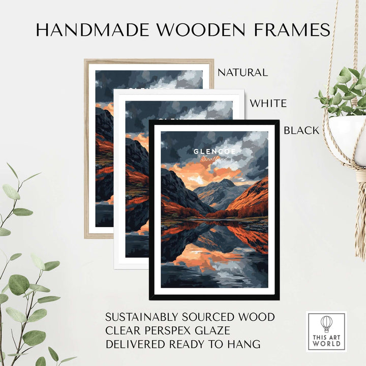 Glencoe Wall Art in handmade wooden frames: natural, white, and black, showcasing Scottish Highlands scenery.