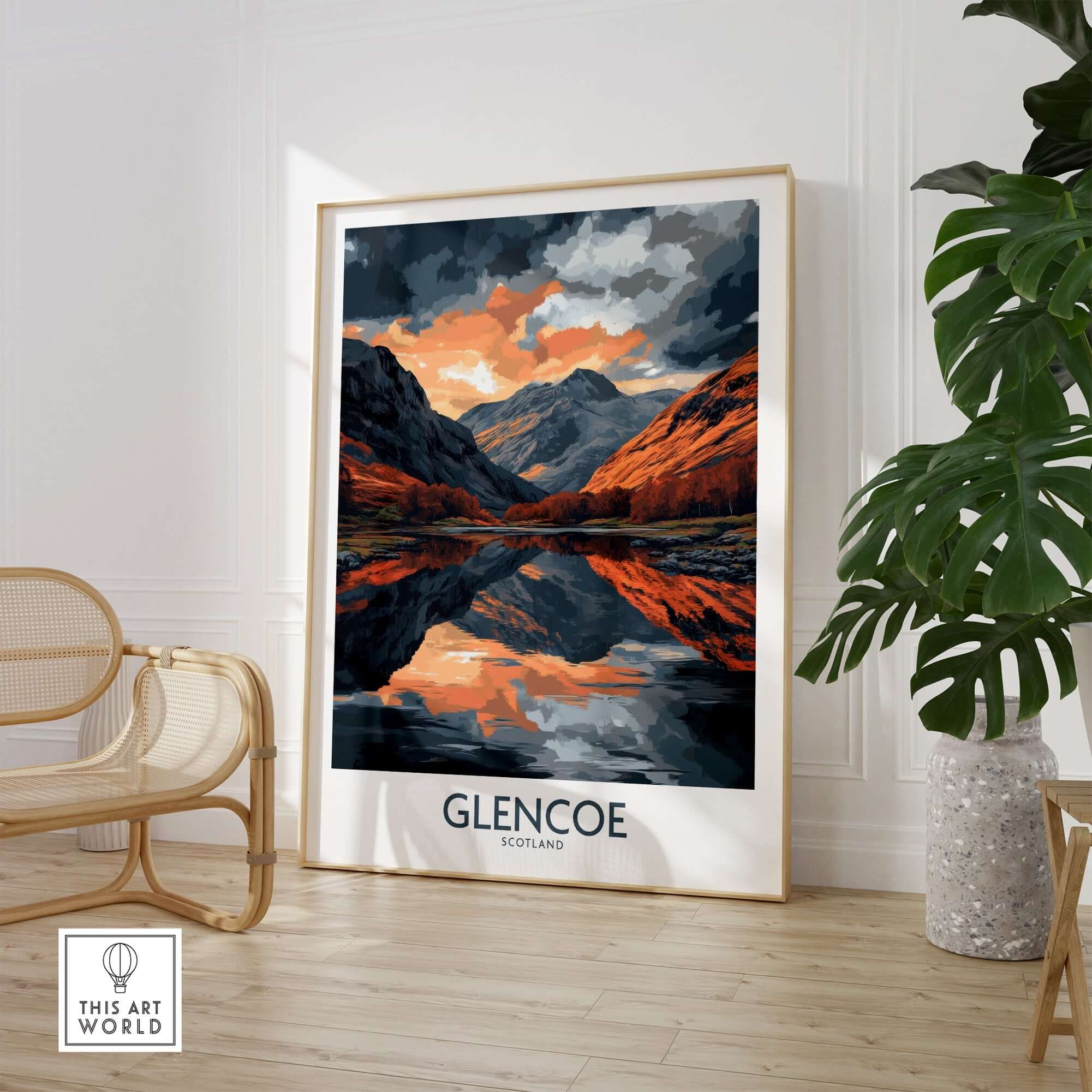 Glencoe Wall Art Poster showcasing a stunning landscape of Glencoe, Scotland, enhancing home decor.
