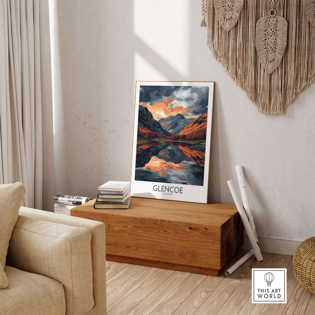 Glencoe Wall Art Poster displayed in a cozy living room, highlighting stunning mountain landscape and vibrant colors.