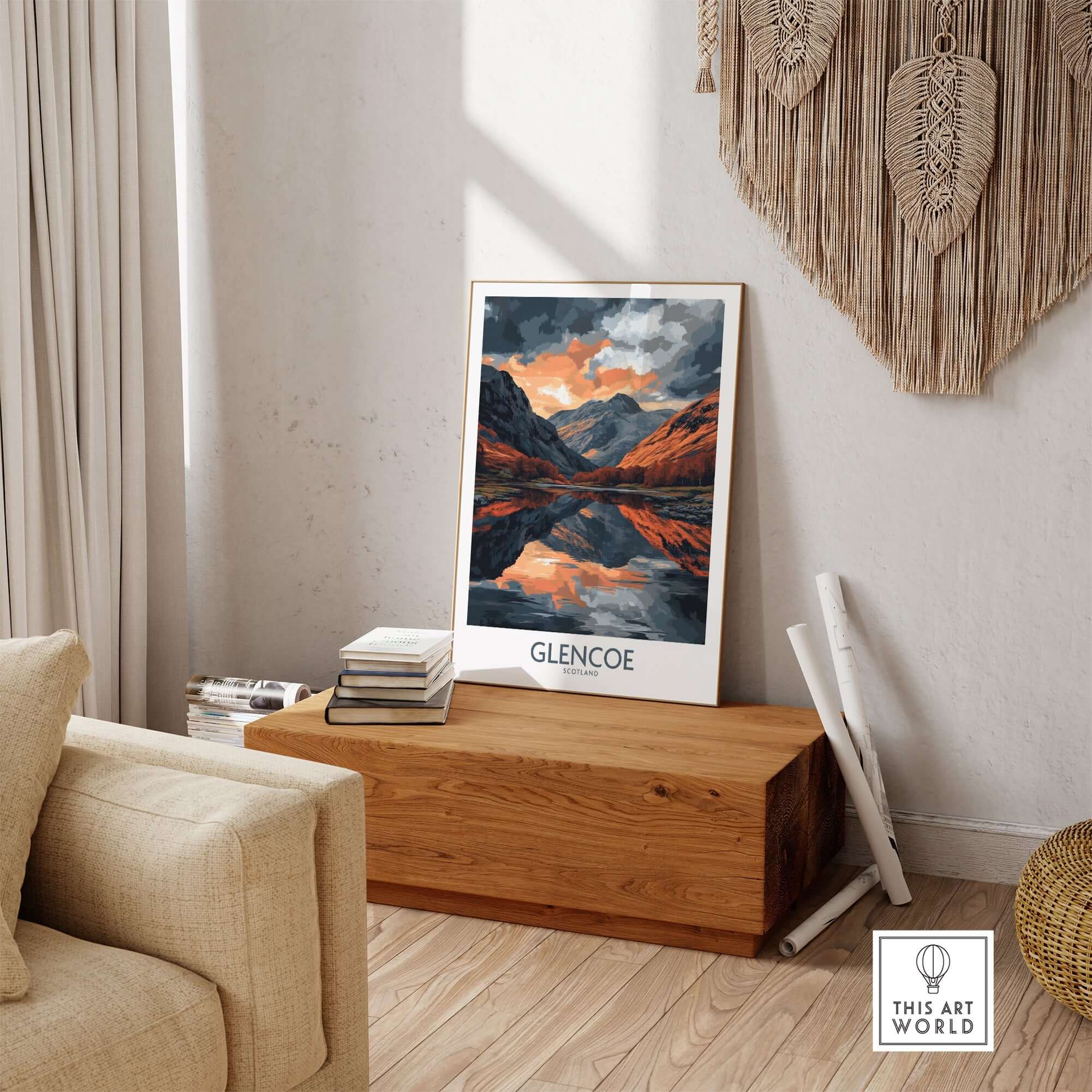 Glencoe Wall Art Poster displayed in a stylish living room enhancing home decor with breathtaking landscape.