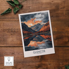 Glencoe Wall Art Poster featuring stunning landscape reflections in vibrant colors on wooden background.