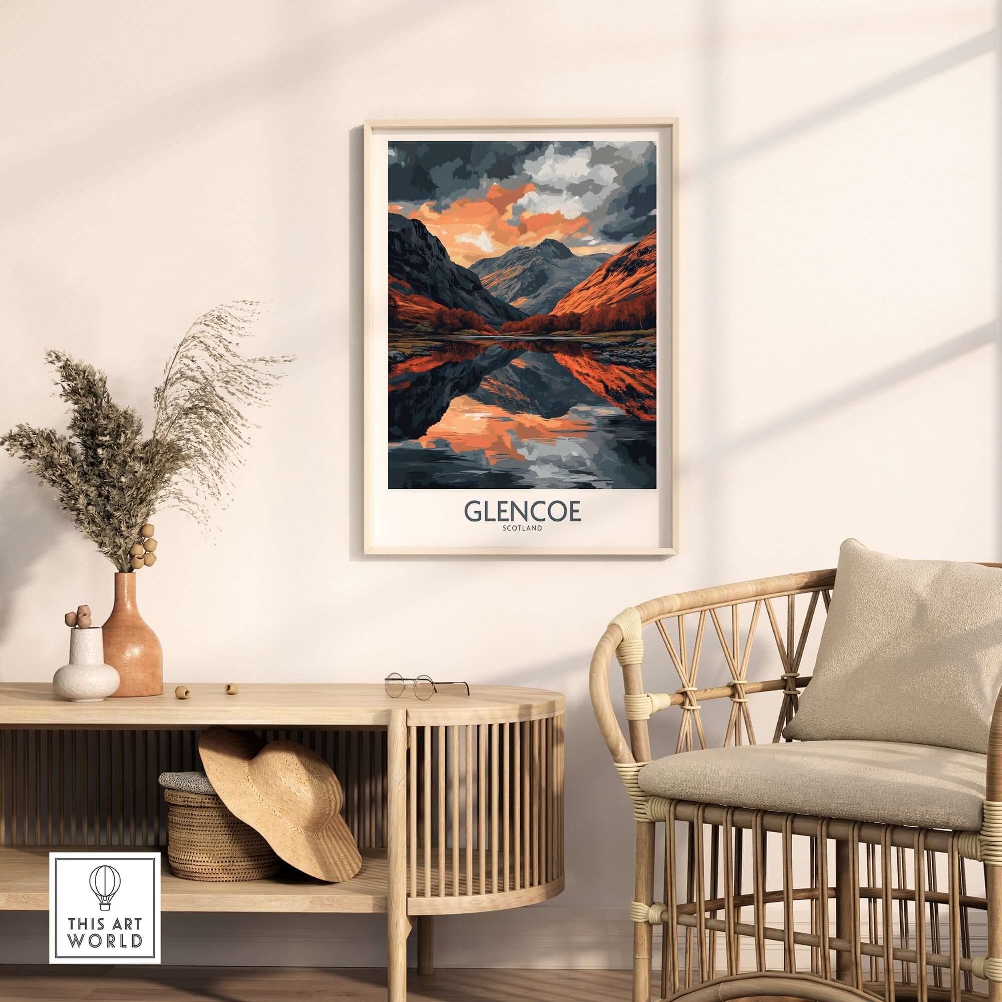 Glencoe Wall Art Poster showcasing stunning landscape with vibrant colors in a stylish living room setting.