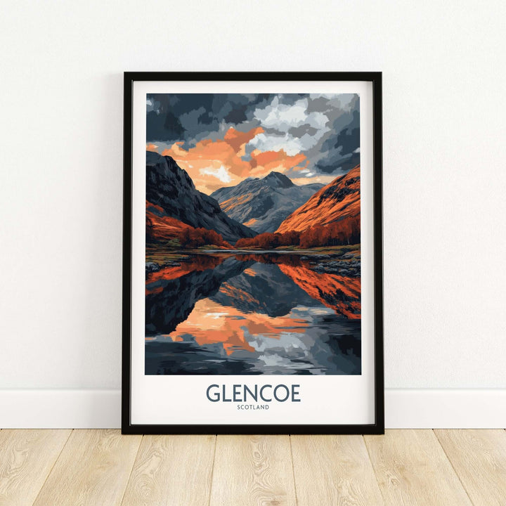 Glencoe wall art poster featuring a stunning landscape of Scottish mountains and a reflective lake at sunset.