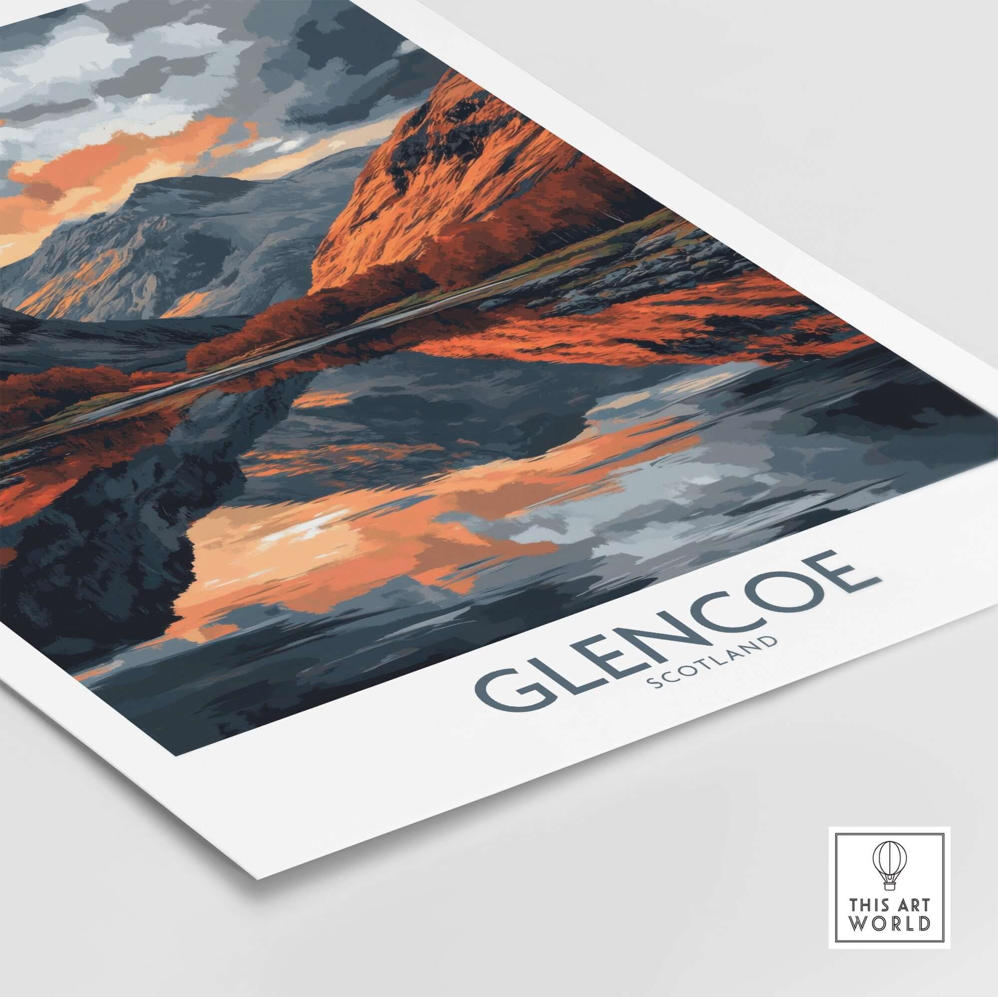 Glencoe Wall Art Poster featuring Scotland's stunning landscape with vibrant colors reflecting on water.