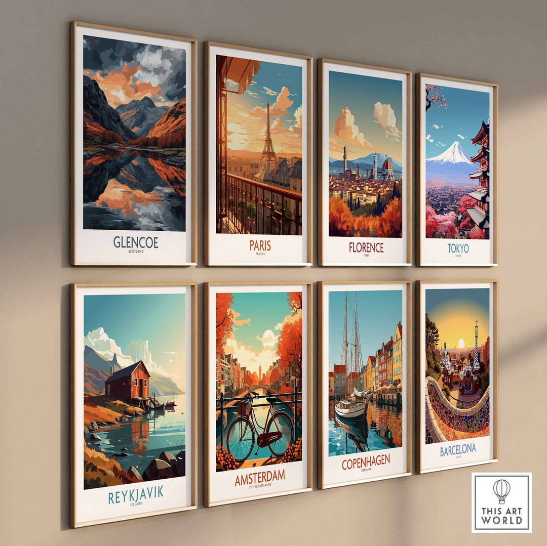 Gallery wall featuring travel art posters of Glencoe, Paris, Florence, Tokyo, Reykjavik, Amsterdam, Copenhagen, and Barcelona.